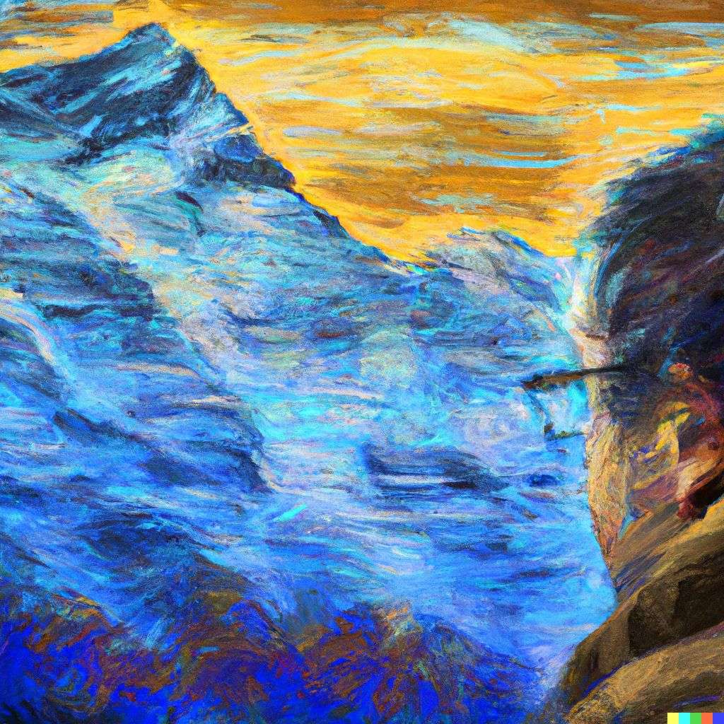 someone gazing at Mount Everest, painting, expressionism style